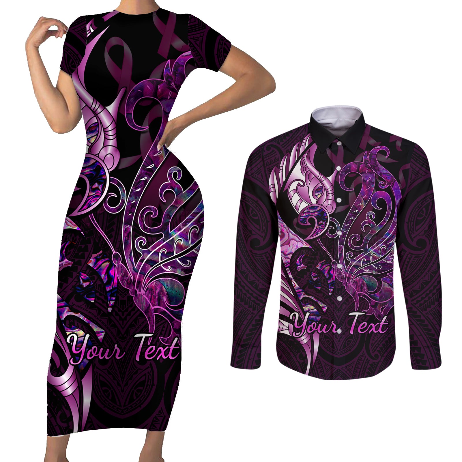 Personalised New Zealand Breast Cancer Couples Matching Short Sleeve Bodycon Dress and Long Sleeve Button Shirts Fight Like A Girl Pink Manaia Fern With Paua Shell - Wonder Print Shop