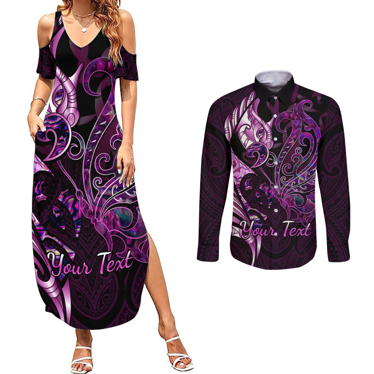 Personalised New Zealand Breast Cancer Couples Matching Summer Maxi Dress and Long Sleeve Button Shirts Fight Like A Girl Pink Manaia Fern With Paua Shell - Wonder Print Shop