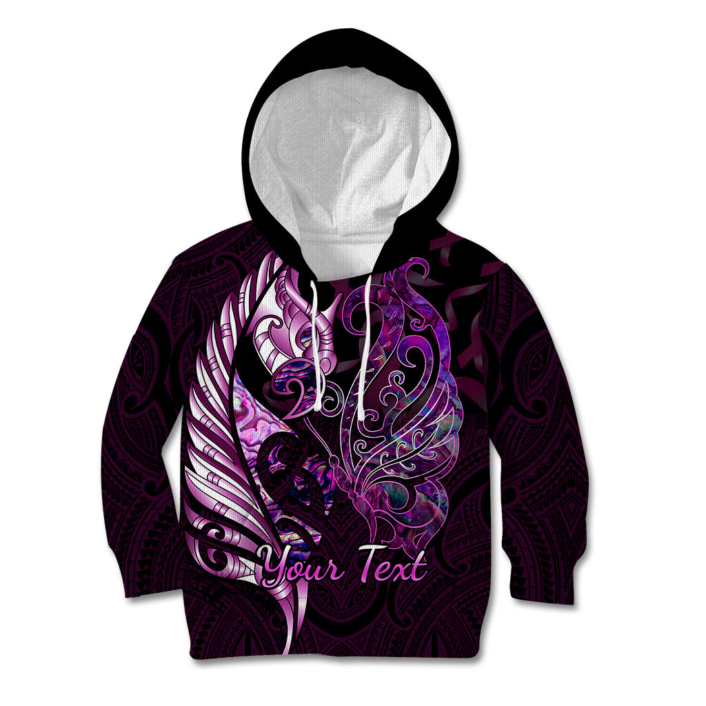 Personalised New Zealand Breast Cancer Kid Hoodie Fight Like A Girl Pink Manaia Fern With Paua Shell - Wonder Print Shop