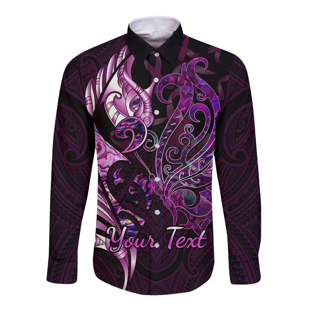 Long sleeve button shirt with pink-purple graphic, black collar, 'Your Text'