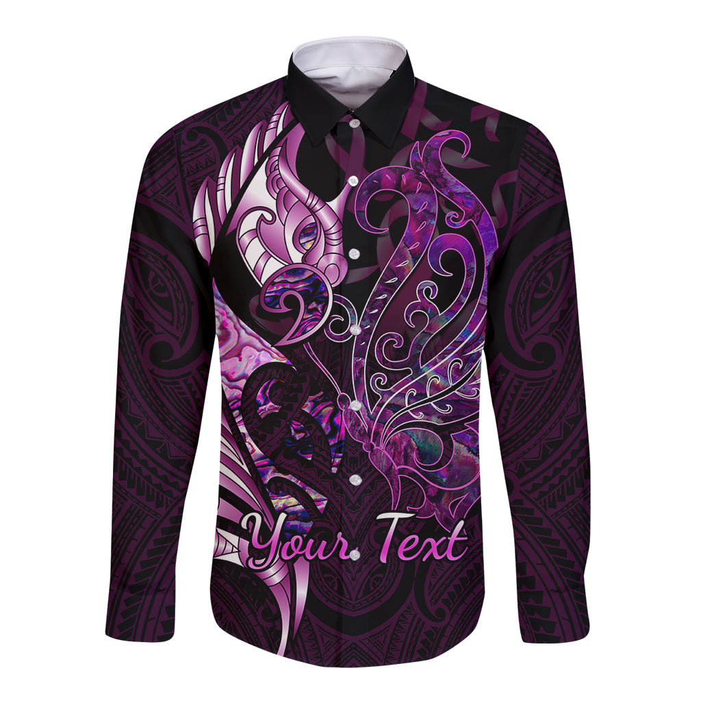 Personalised New Zealand Breast Cancer Long Sleeve Button Shirt Fight Like A Girl Pink Manaia Fern With Paua Shell - Wonder Print Shop