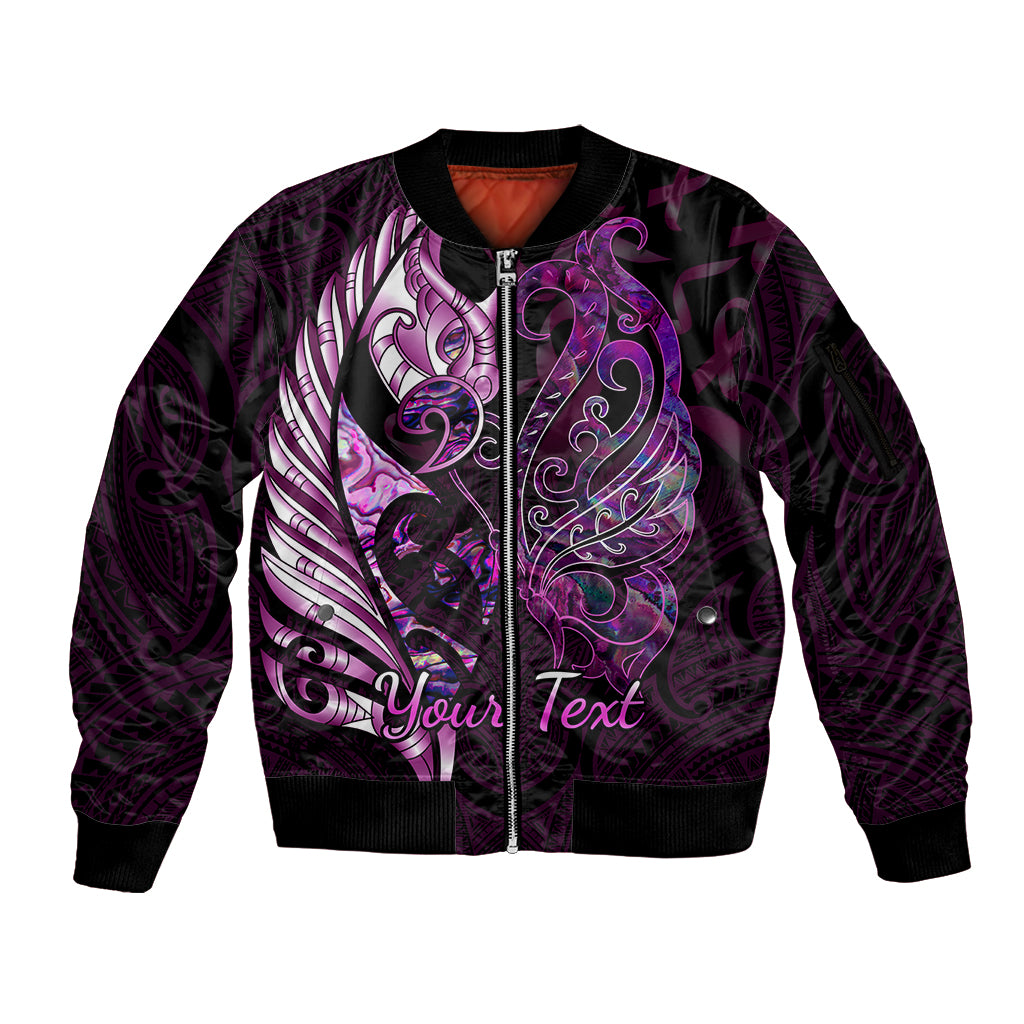 personalised-new-zealand-breast-cancer-sleeve-zip-bomber-jacket-fight-like-a-girl-pink-manaia-fern-with-paua-shell