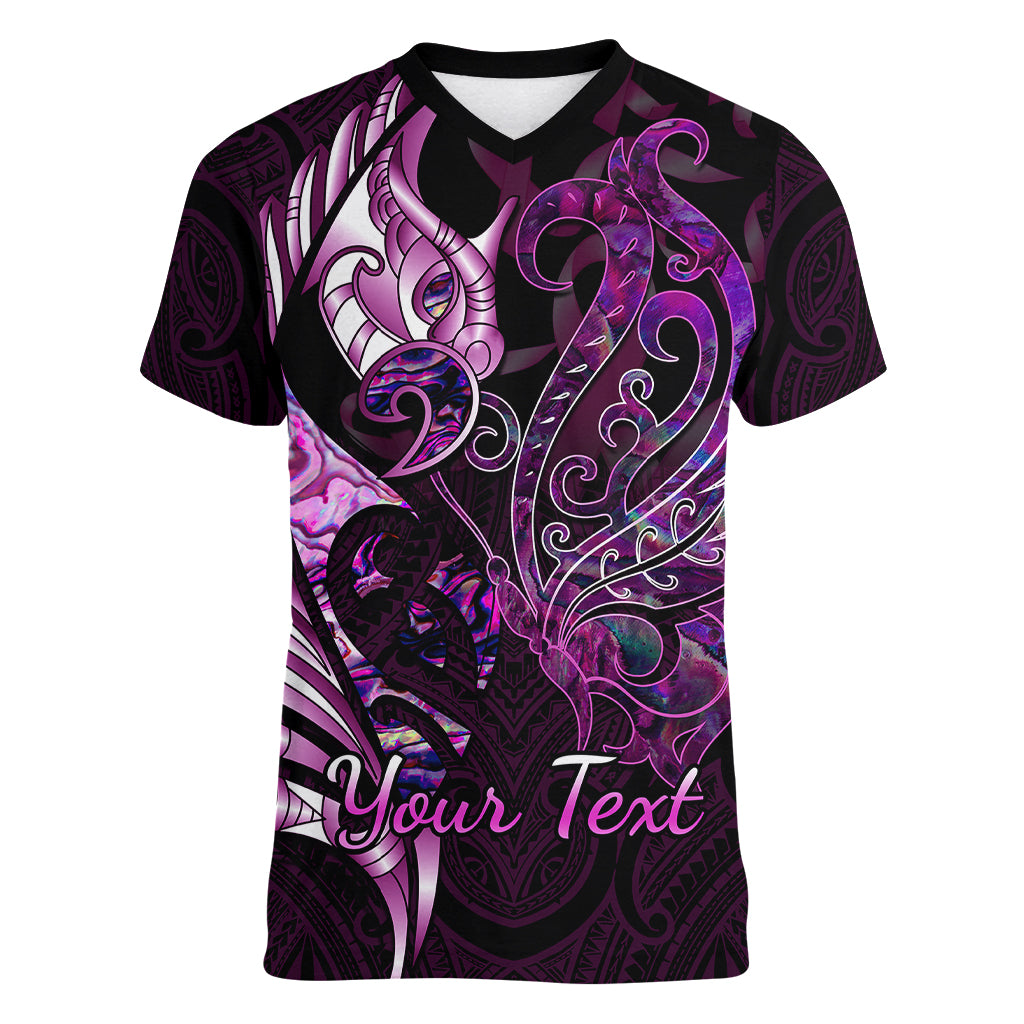 personalised-new-zealand-breast-cancer-women-v-neck-t-shirt-fight-like-a-girl-pink-manaia-fern-with-paua-shell