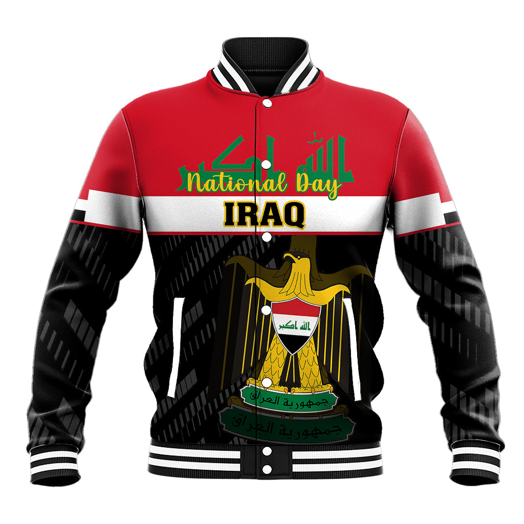 Red varsity baseball jacket with black sleeves, Iraq crest and flag-style National Day graphics