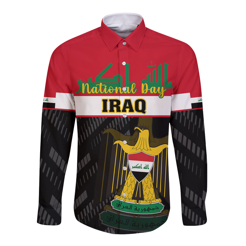 Red unisex long-sleeve button shirt with Iraq emblem and flag graphic