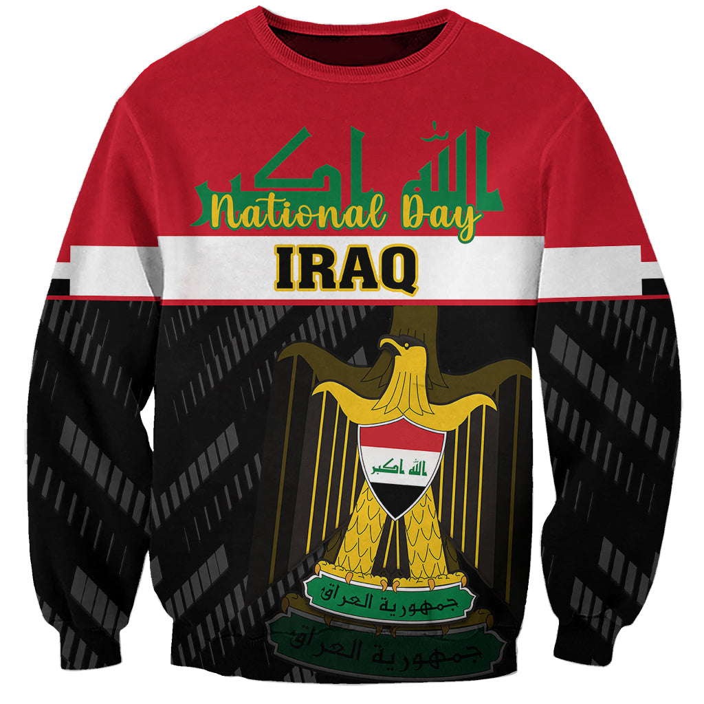 Red sweatshirt with white stripe and Iraqi coat of arms print, National Day