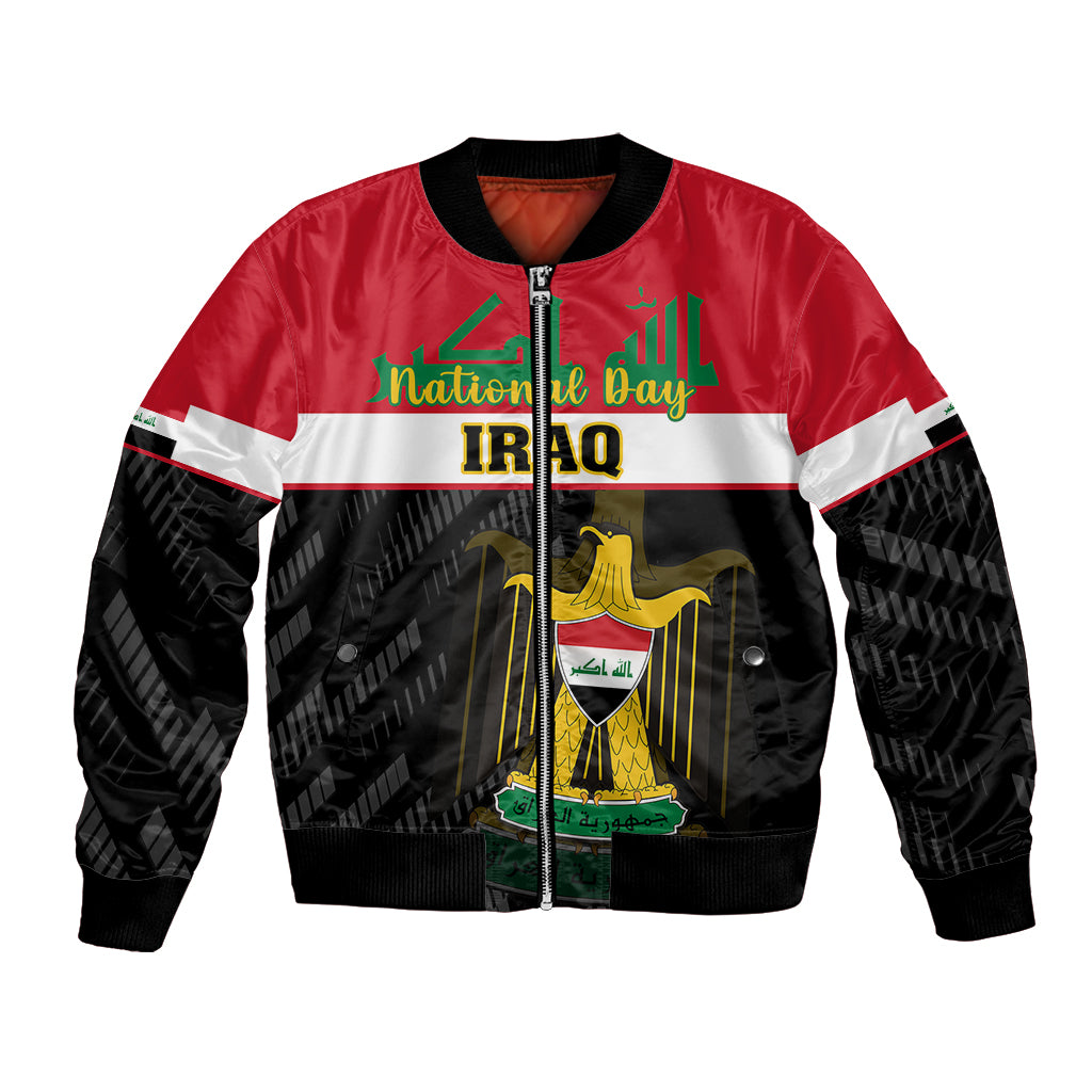 Red bomber jacket with zipper, Iraq flag stripes and coat of arms emblem