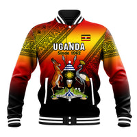 Red and yellow patterned baseball jacket with crest and varsity striped cuffs
