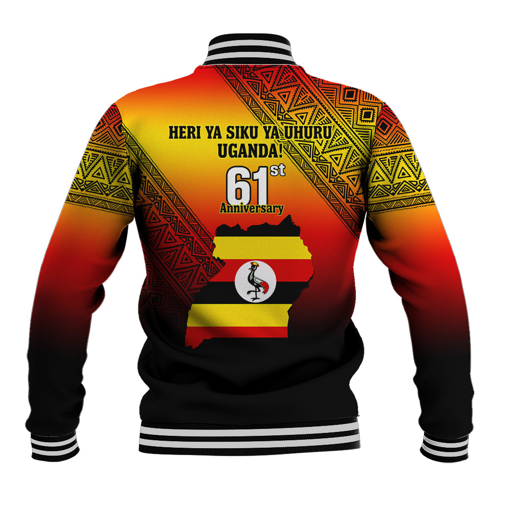 Back of red and yellow baseball jacket with 61st anniversary graphic and striped collar