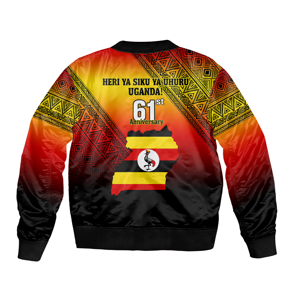 Unisex red bomber jacket, back graphic with Uganda flag and 61st Anniversary text