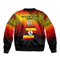 Unisex red bomber jacket, back graphic with Uganda flag and 61st Anniversary text