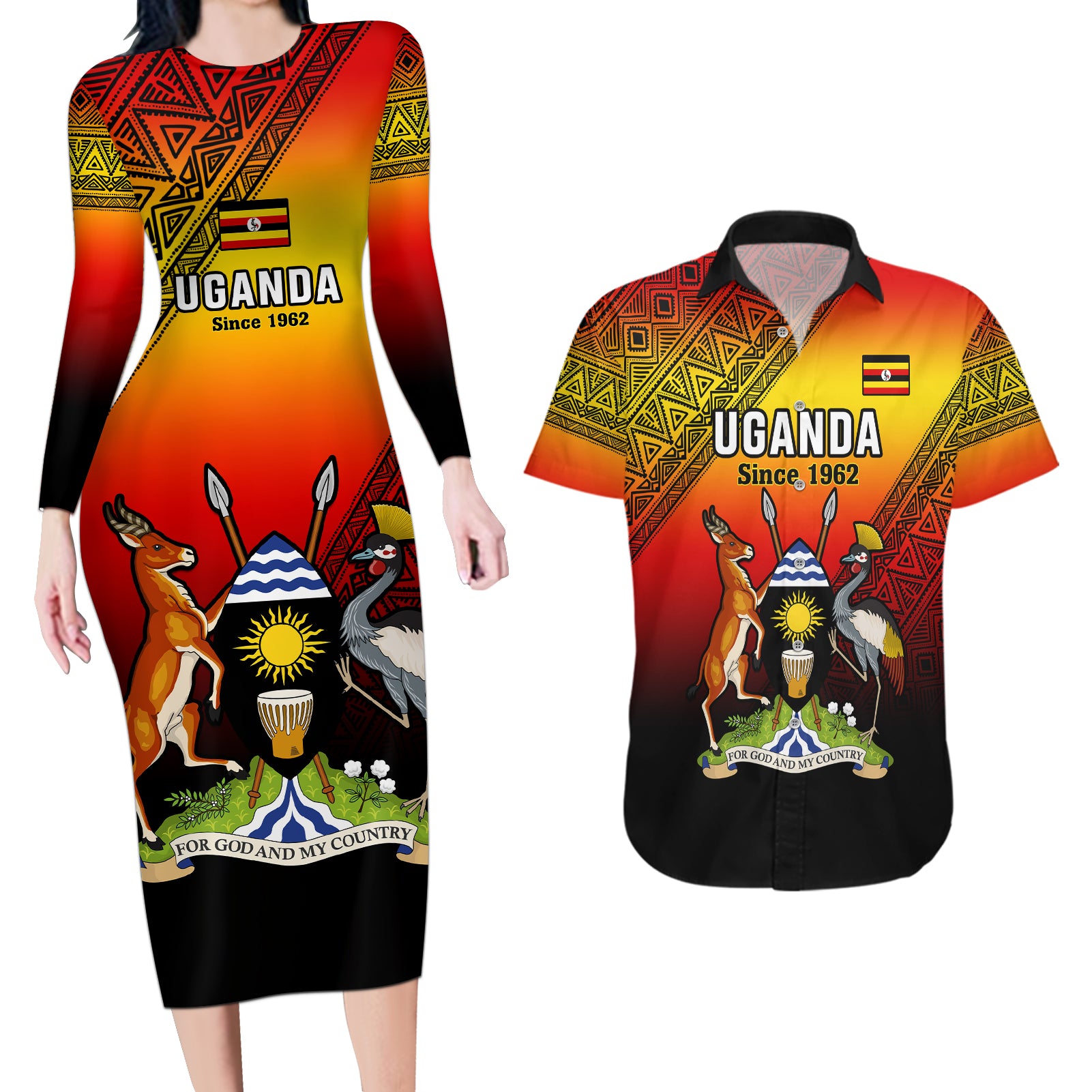 Uganda Independence Day Couples Matching Long Sleeve Bodycon Dress and Hawaiian Shirt Jamhuri ya Uganda Happy 61st Anniversary - Wonder Print Shop