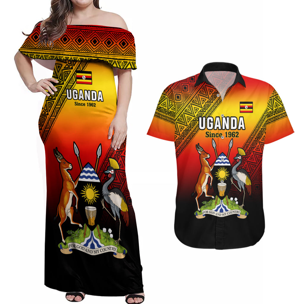 Uganda Independence Day Couples Matching Off Shoulder Maxi Dress and Hawaiian Shirt Jamhuri ya Uganda Happy 61st Anniversary - Wonder Print Shop