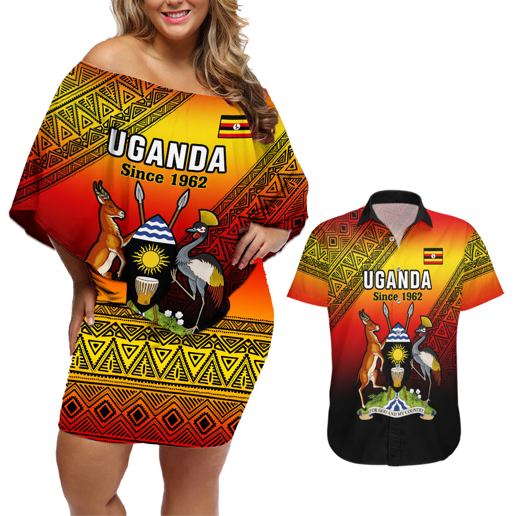 Uganda Independence Day Couples Matching Off Shoulder Short Dress and Hawaiian Shirt Jamhuri ya Uganda Happy 61st Anniversary - Wonder Print Shop