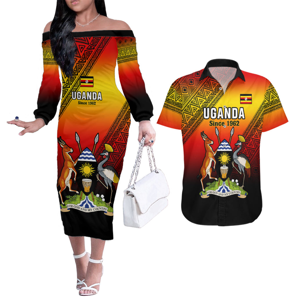 Uganda Independence Day Couples Matching Off The Shoulder Long Sleeve Dress and Hawaiian Shirt Jamhuri ya Uganda Happy 61st Anniversary - Wonder Print Shop