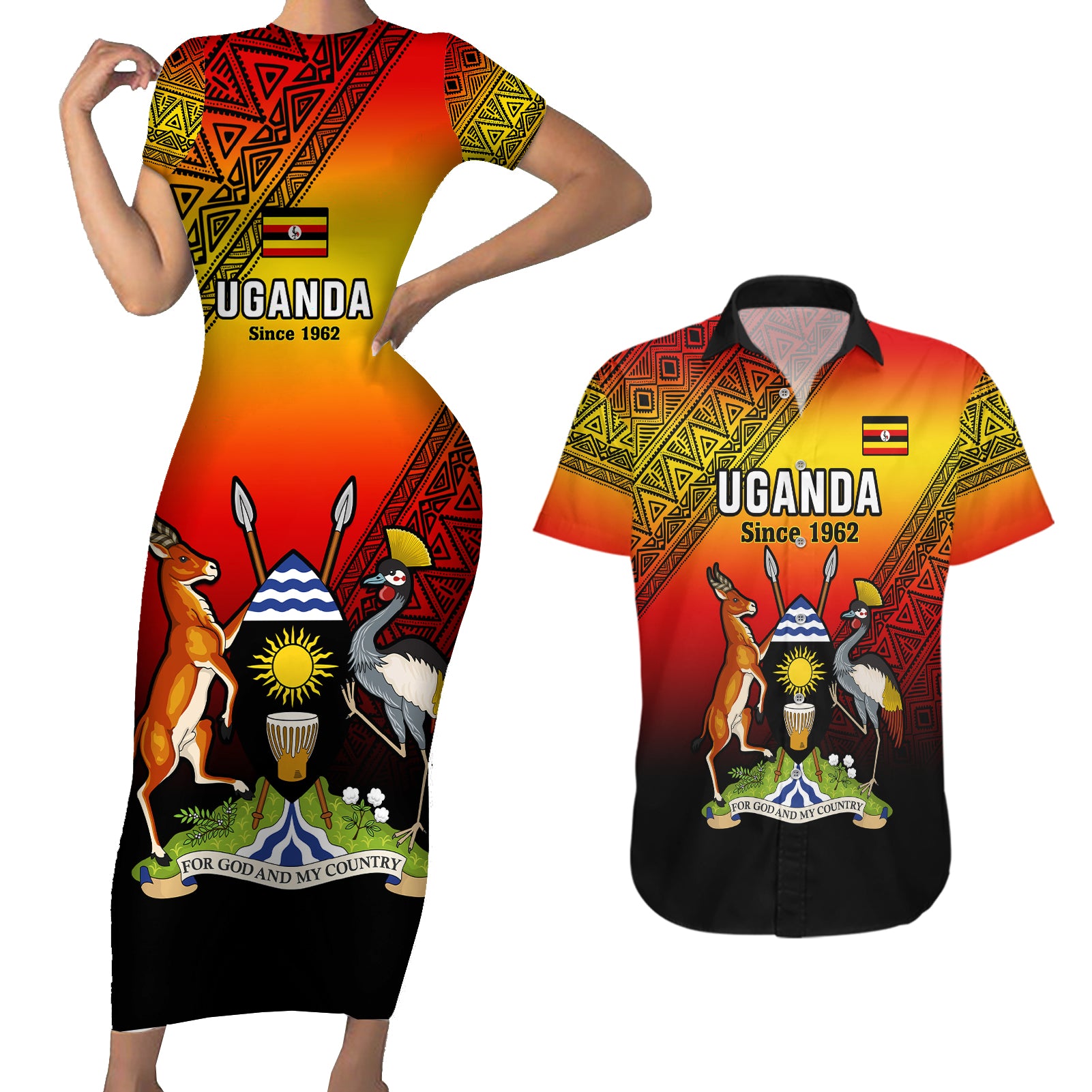 Uganda Independence Day Couples Matching Short Sleeve Bodycon Dress and Hawaiian Shirt Jamhuri ya Uganda Happy 61st Anniversary - Wonder Print Shop