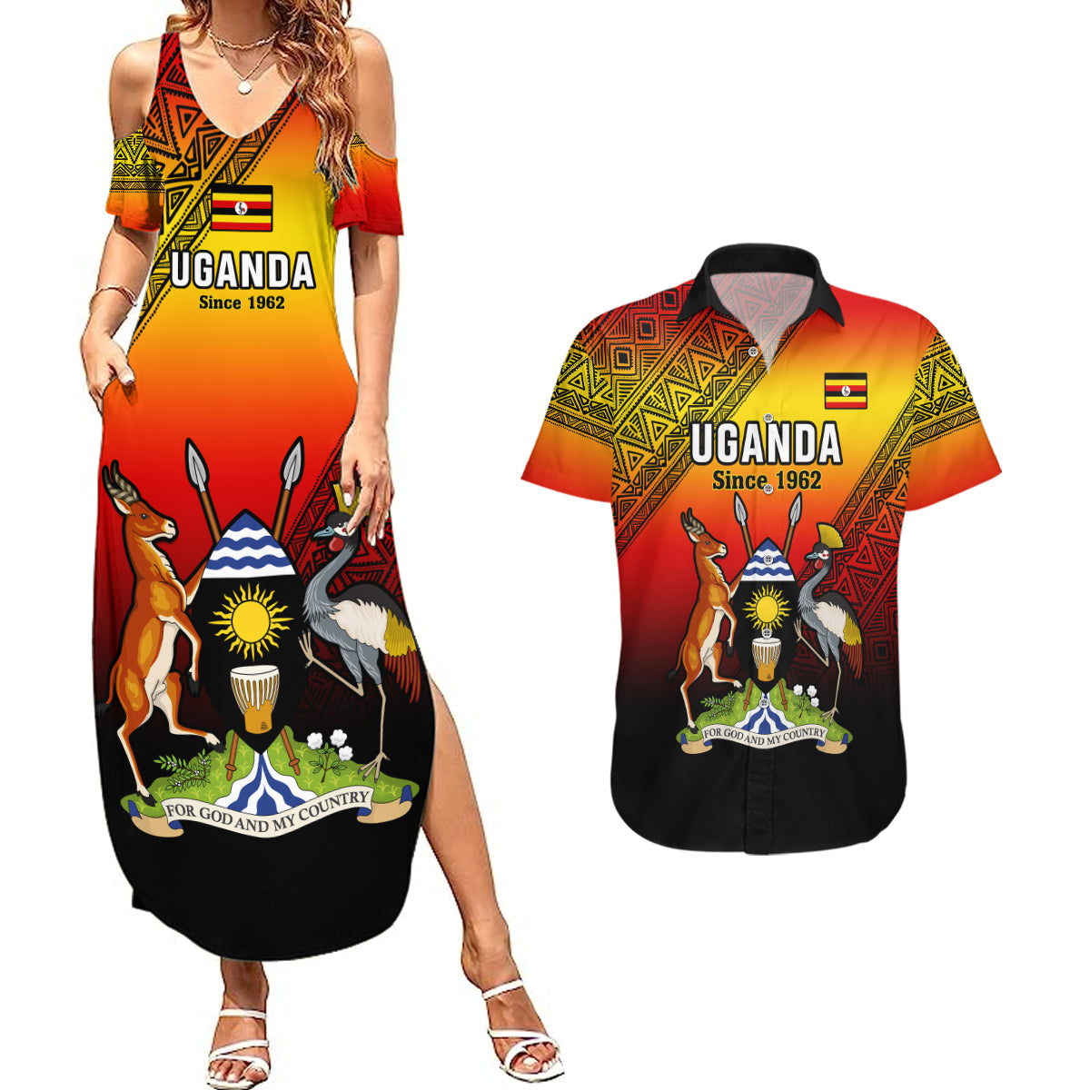 Uganda Independence Day Couples Matching Summer Maxi Dress and Hawaiian Shirt Jamhuri ya Uganda Happy 61st Anniversary - Wonder Print Shop