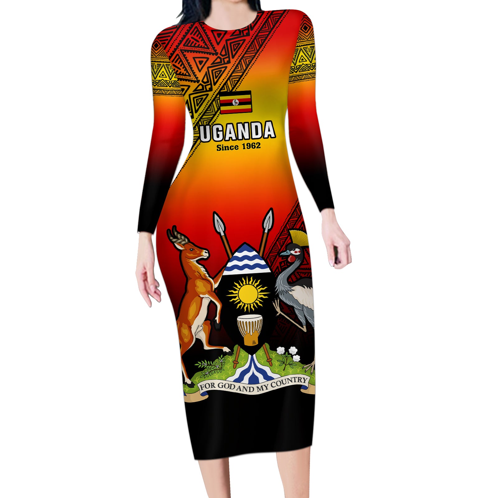 Uganda Independence Day Long Sleeve Bodycon Dress Jamhuri ya Uganda Happy 61st Anniversary - Wonder Print Shop