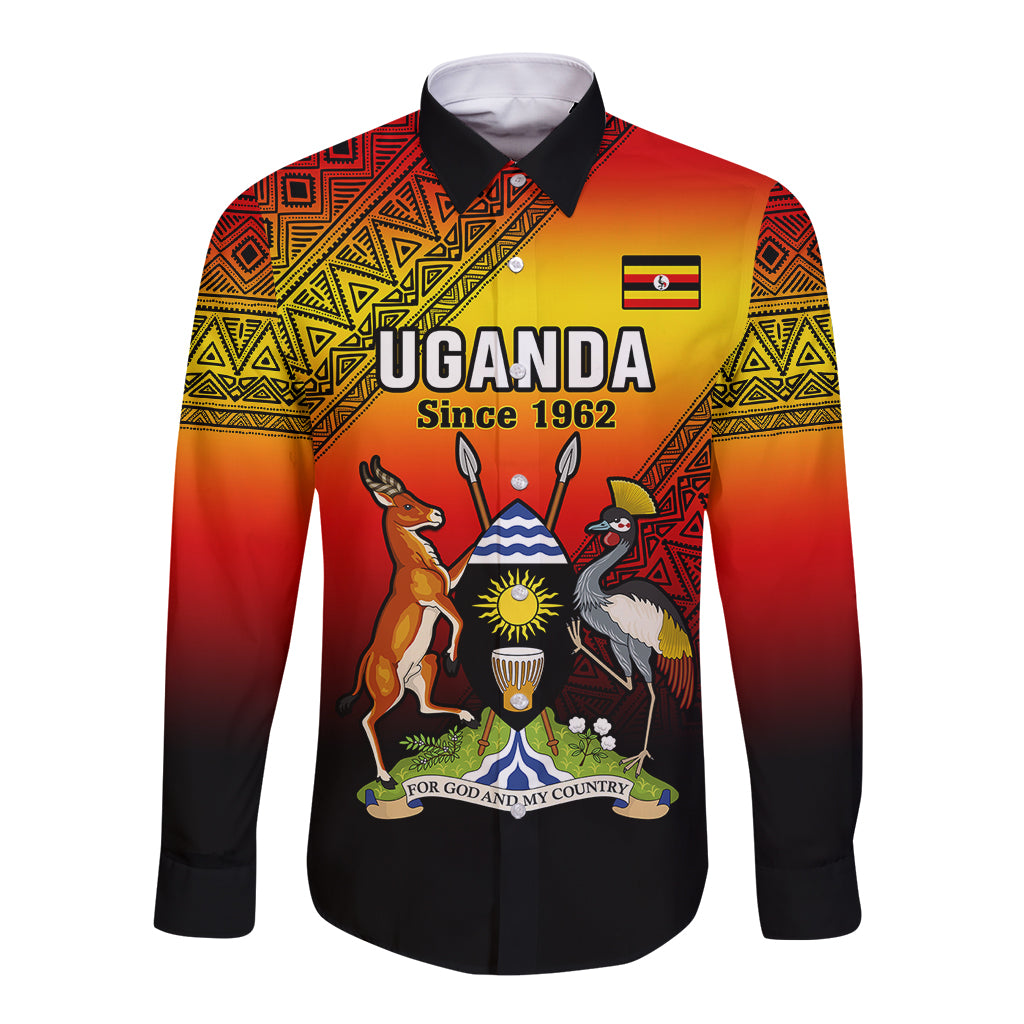 Long sleeve button shirt in red and black with Uganda crest graphic and “Uganda Since 1962” text