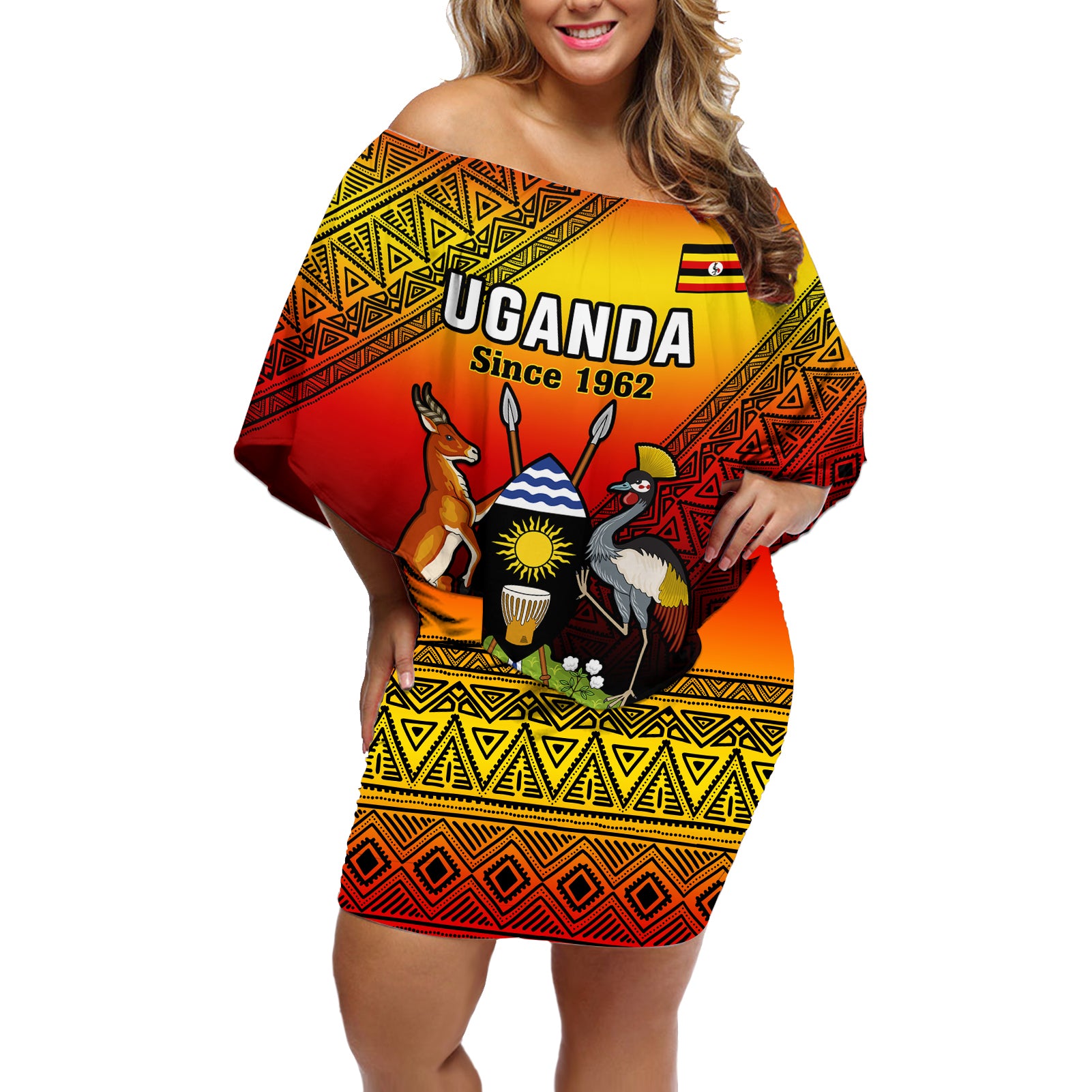 Uganda Independence Day Off Shoulder Short Dress Jamhuri ya Uganda Happy 61st Anniversary - Wonder Print Shop