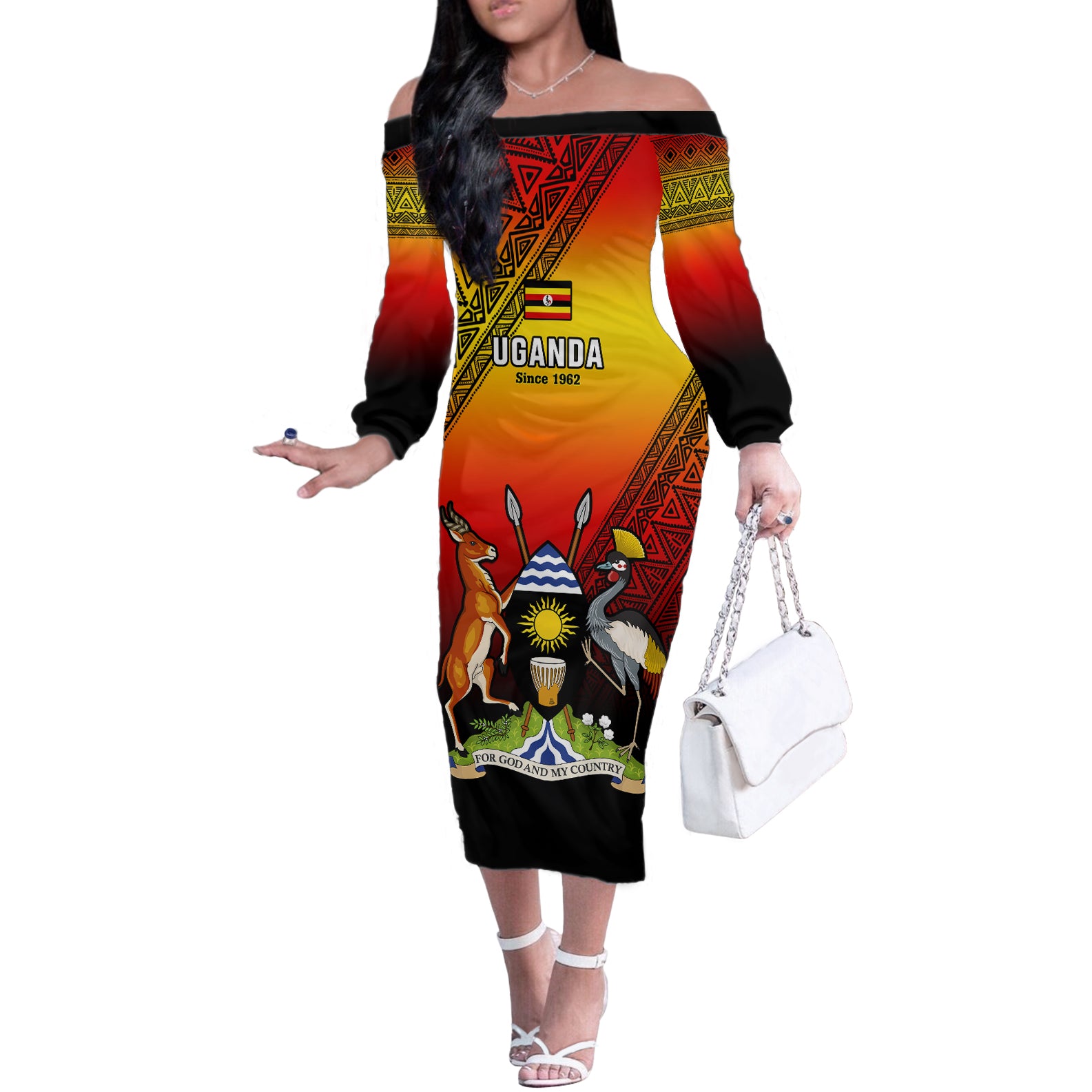 Uganda Independence Day Off The Shoulder Long Sleeve Dress Jamhuri ya Uganda Happy 61st Anniversary - Wonder Print Shop