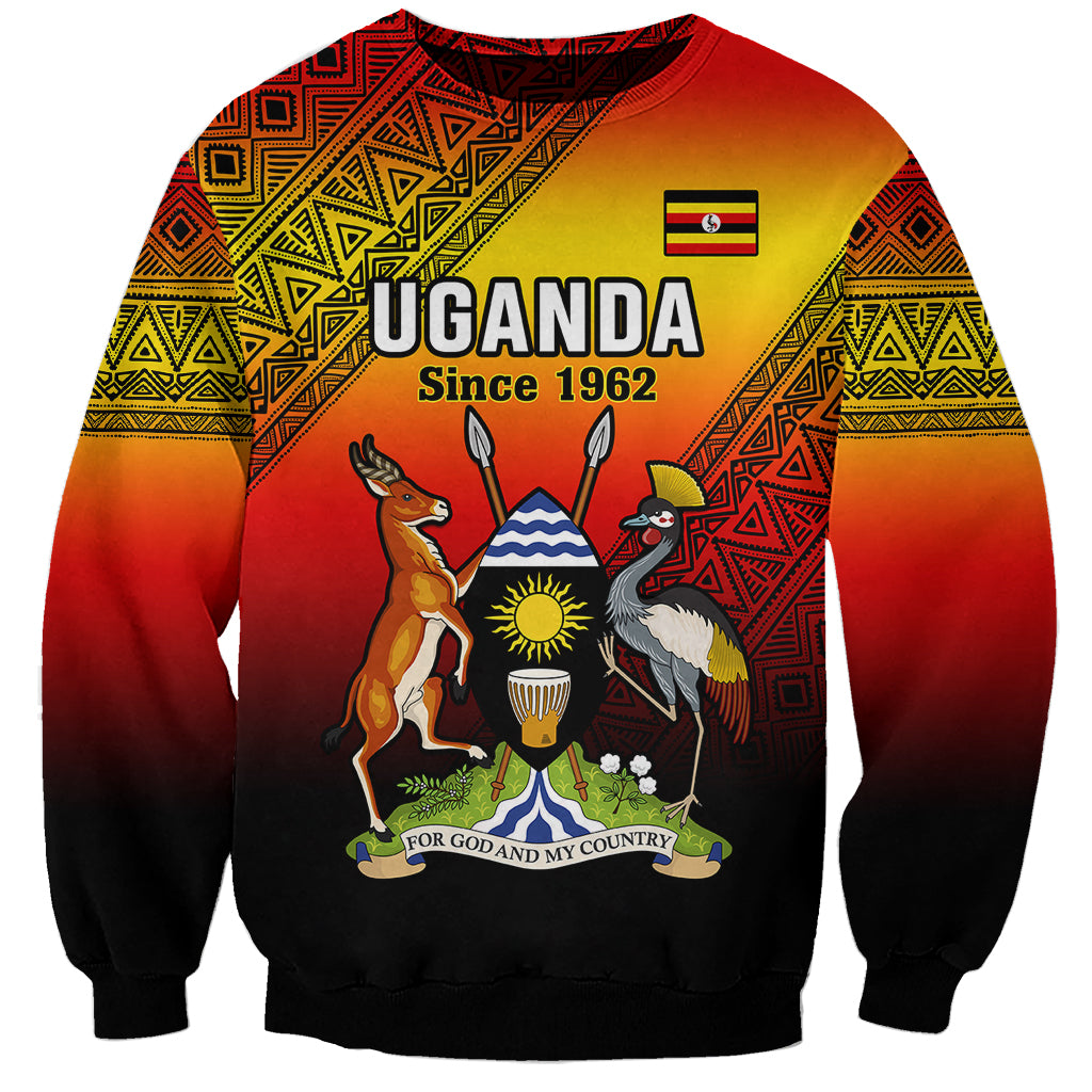 Red unisex sweatshirt with Uganda 'Since 1962' graphic and animals over flag