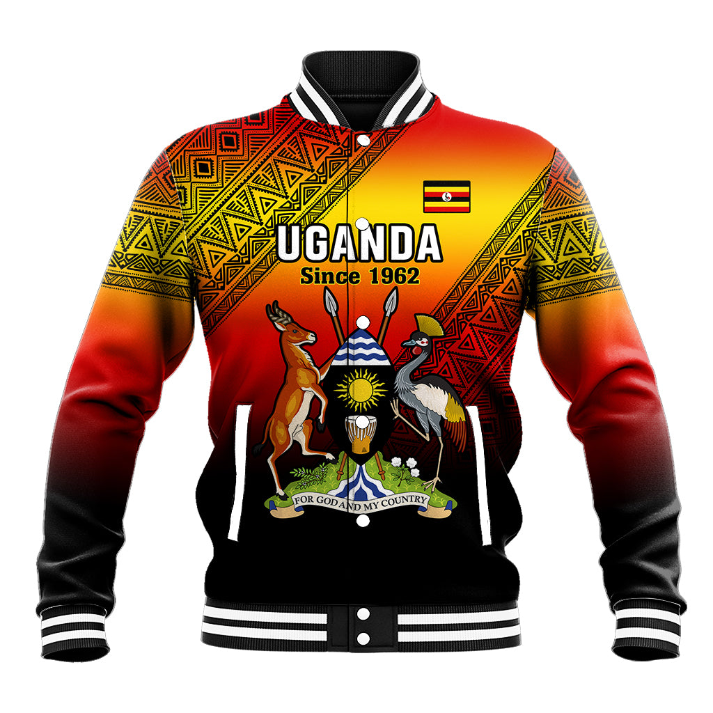 Red baseball jacket with black sleeves, ribbed collar, and Uganda emblem front print