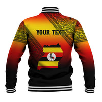 Red baseball jacket with black sleeves, ribbed collar, and back 'YOUR TEXT' Uganda graphic