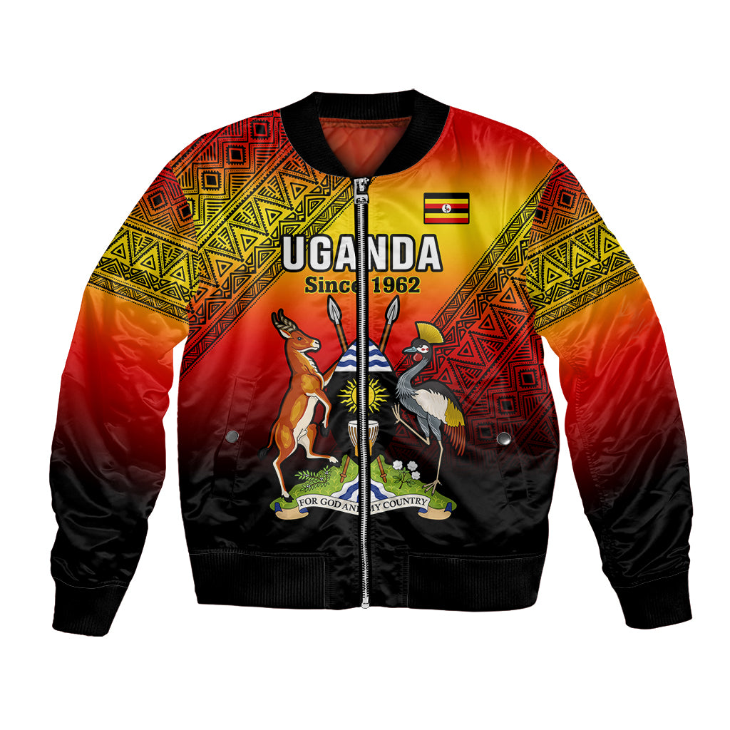 Red/black bomber jacket with front Uganda graphic, full-zip, ribbed cuffs