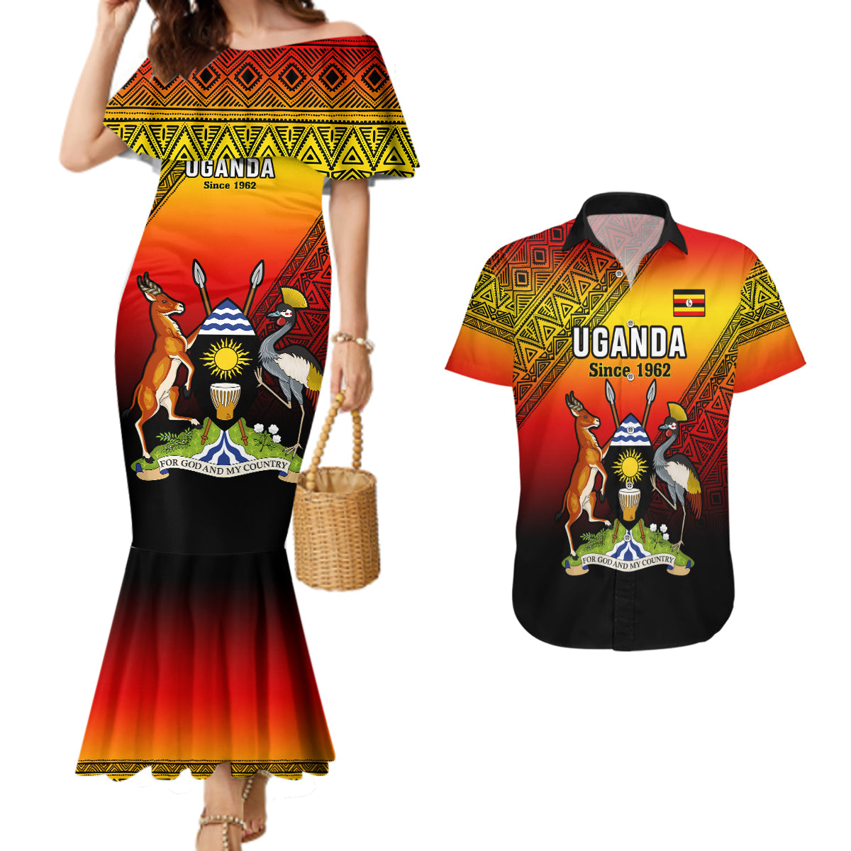 Personalised Uganda Independence Day Couples Matching Mermaid Dress and Hawaiian Shirt Jamhuri ya Uganda Happy 61st Anniversary - Wonder Print Shop