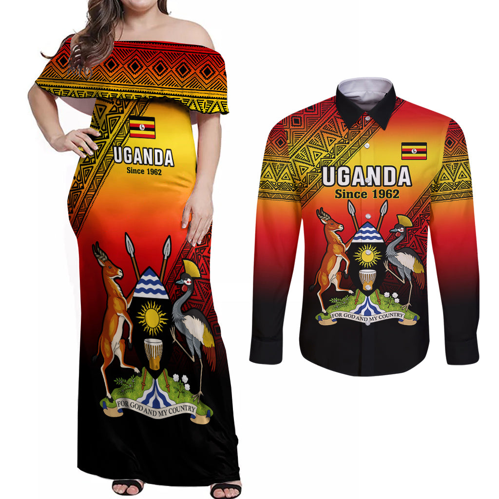 Personalised Uganda Independence Day Couples Matching Off Shoulder Maxi Dress and Long Sleeve Button Shirts Jamhuri ya Uganda Happy 61st Anniversary - Wonder Print Shop