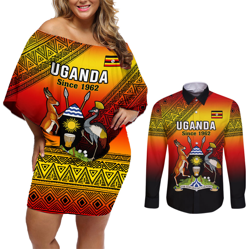 Personalised Uganda Independence Day Couples Matching Off Shoulder Short Dress and Long Sleeve Button Shirts Jamhuri ya Uganda Happy 61st Anniversary - Wonder Print Shop