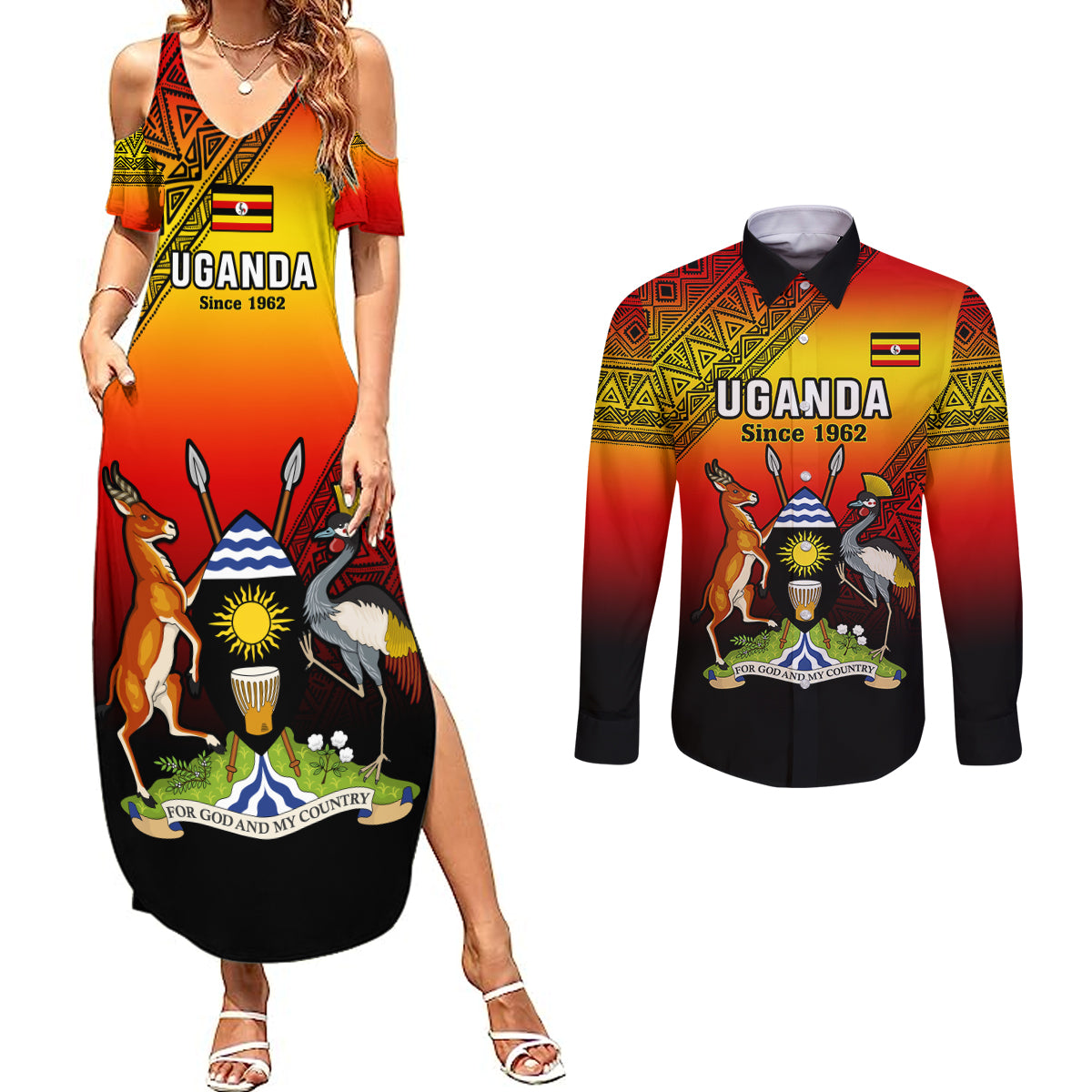 Personalised Uganda Independence Day Couples Matching Summer Maxi Dress and Long Sleeve Button Shirts Jamhuri ya Uganda Happy 61st Anniversary - Wonder Print Shop