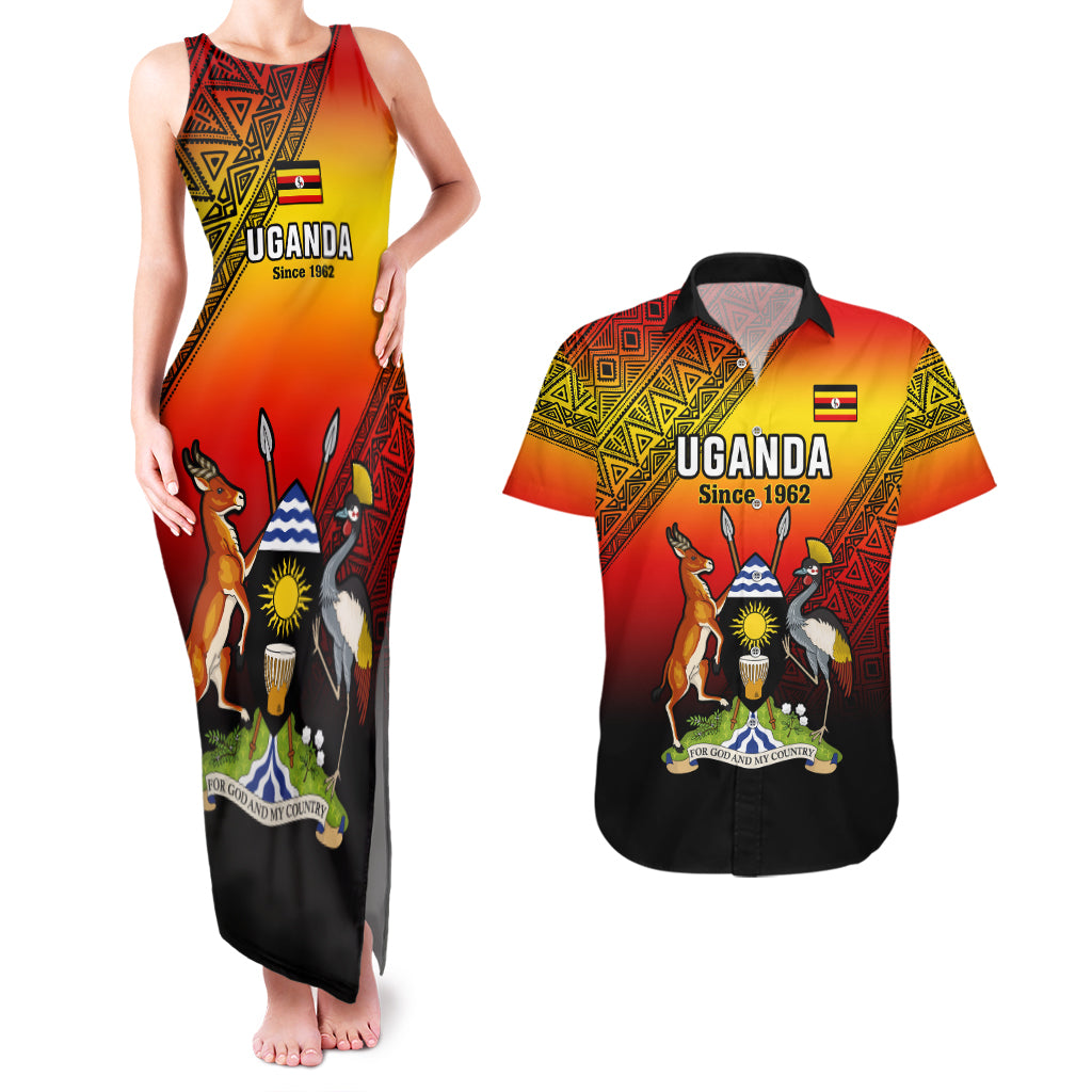 Personalised Uganda Independence Day Couples Matching Tank Maxi Dress and Hawaiian Shirt Jamhuri ya Uganda Happy 61st Anniversary - Wonder Print Shop