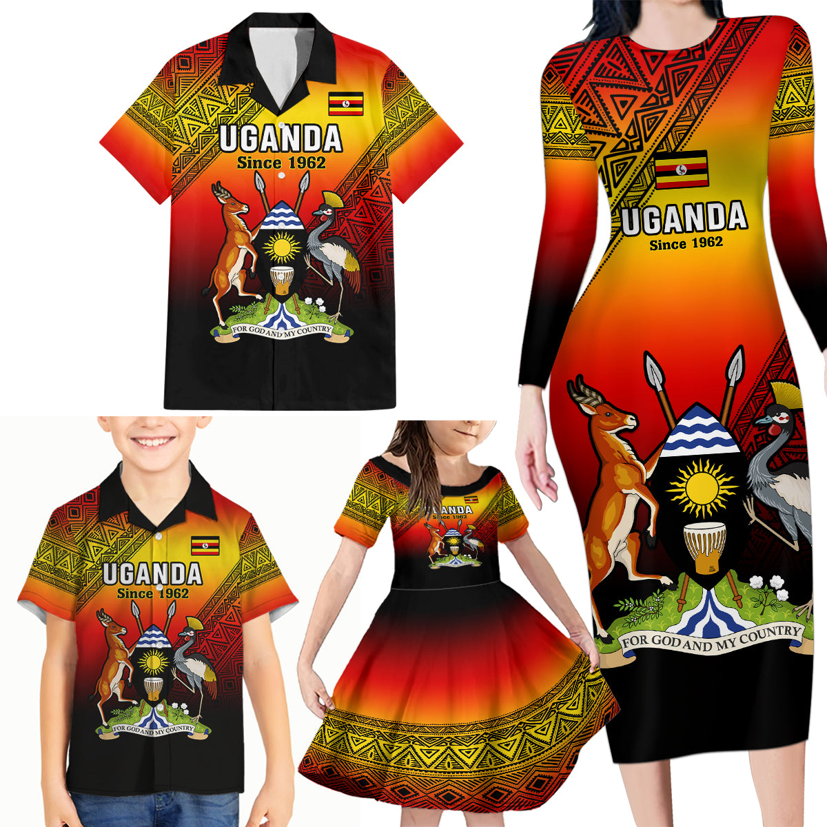 Personalised Uganda Independence Day Family Matching Long Sleeve Bodycon Dress and Hawaiian Shirt Jamhuri ya Uganda Happy 61st Anniversary - Wonder Print Shop