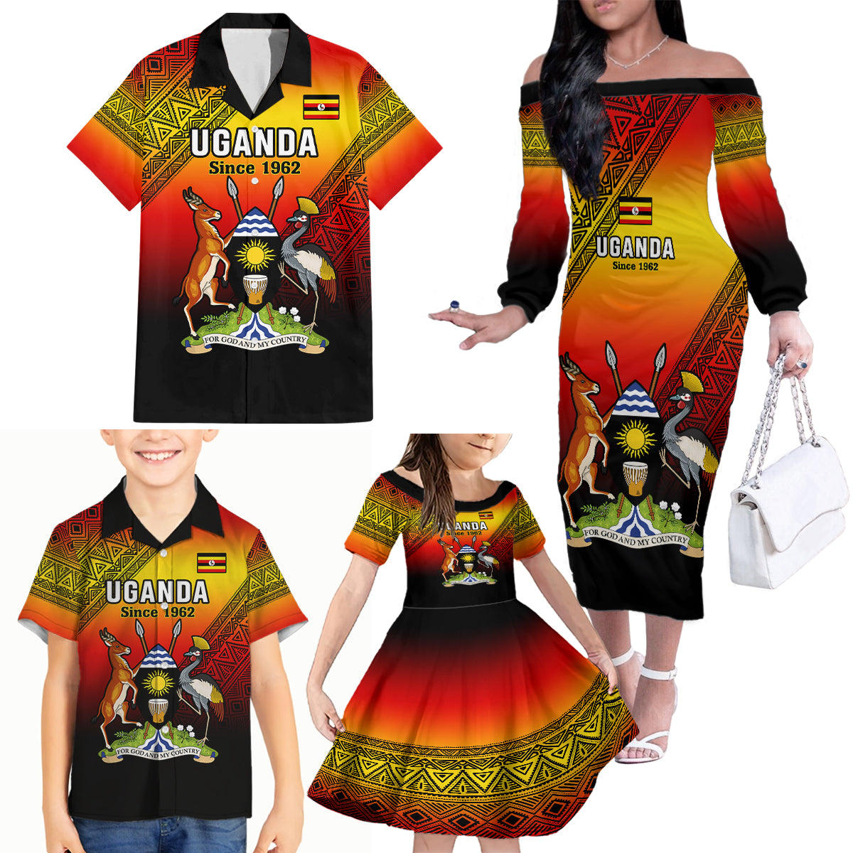 Personalised Uganda Independence Day Family Matching Off Shoulder Long Sleeve Dress and Hawaiian Shirt Jamhuri ya Uganda Happy 61st Anniversary - Wonder Print Shop