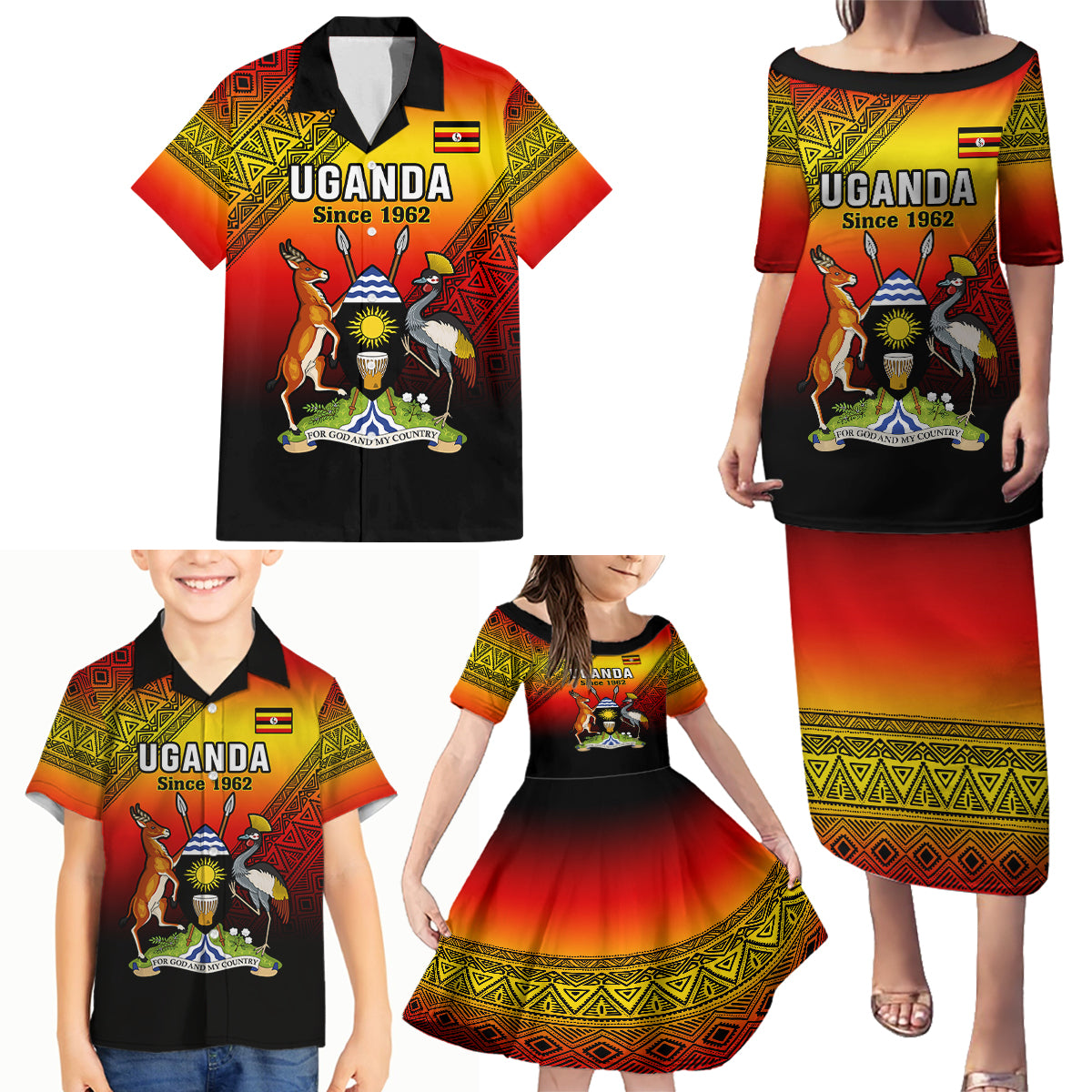 Personalised Uganda Independence Day Family Matching Puletasi Dress and Hawaiian Shirt Jamhuri ya Uganda Happy 61st Anniversary - Wonder Print Shop