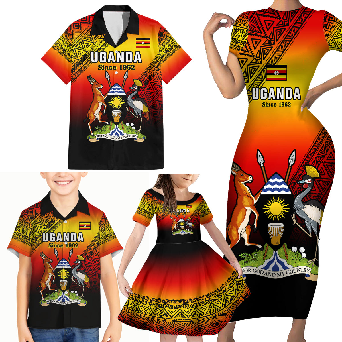 Personalised Uganda Independence Day Family Matching Short Sleeve Bodycon Dress and Hawaiian Shirt Jamhuri ya Uganda Happy 61st Anniversary - Wonder Print Shop