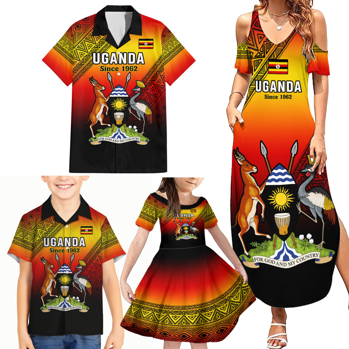 Personalised Uganda Independence Day Family Matching Summer Maxi Dress and Hawaiian Shirt Jamhuri ya Uganda Happy 61st Anniversary - Wonder Print Shop