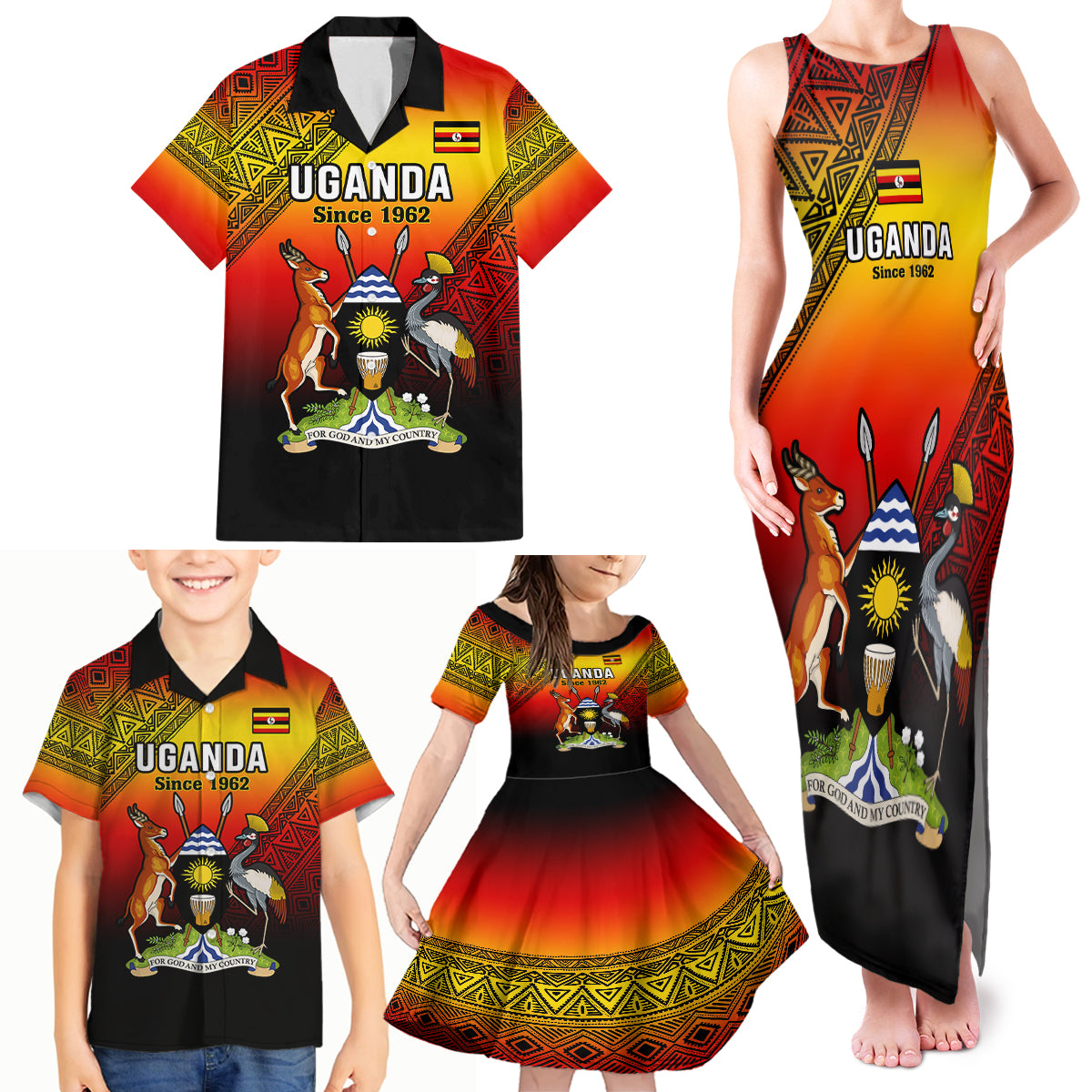 Personalised Uganda Independence Day Family Matching Tank Maxi Dress and Hawaiian Shirt Jamhuri ya Uganda Happy 61st Anniversary - Wonder Print Shop