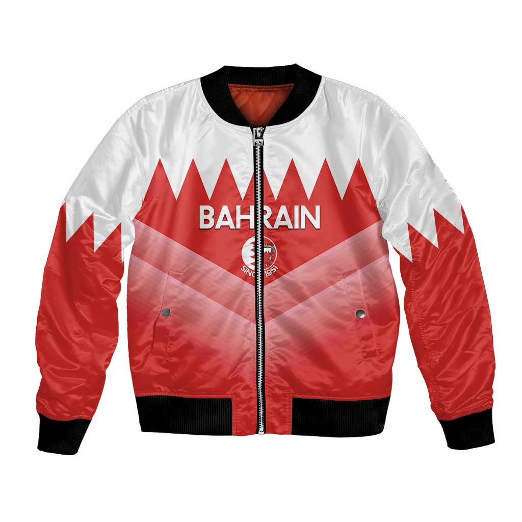 Red and white bomber jacket with Bahrain logo, full zip front, ribbed cuffs and hem