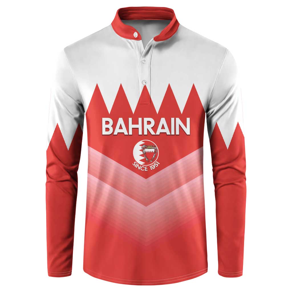 Red-and-white football button sweatshirt with Bahrain crest, zigzag chest graphic