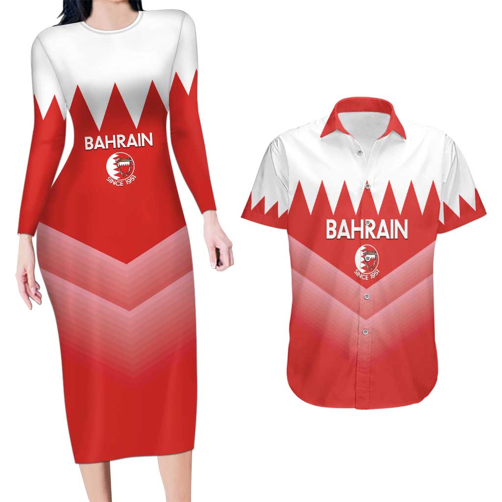 Custom Bahrain Football Couples Matching Long Sleeve Bodycon Dress and Hawaiian Shirt Muharabi Dilmun Sporty Style - Wonder Print Shop