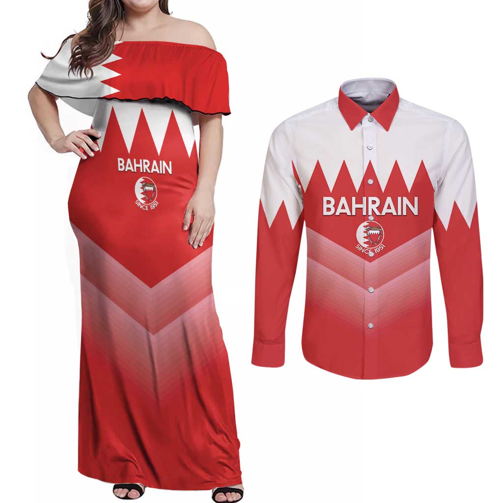 Custom Bahrain Football Couples Matching Off Shoulder Maxi Dress and Long Sleeve Button Shirt Muharabi Dilmun Sporty Style - Wonder Print Shop