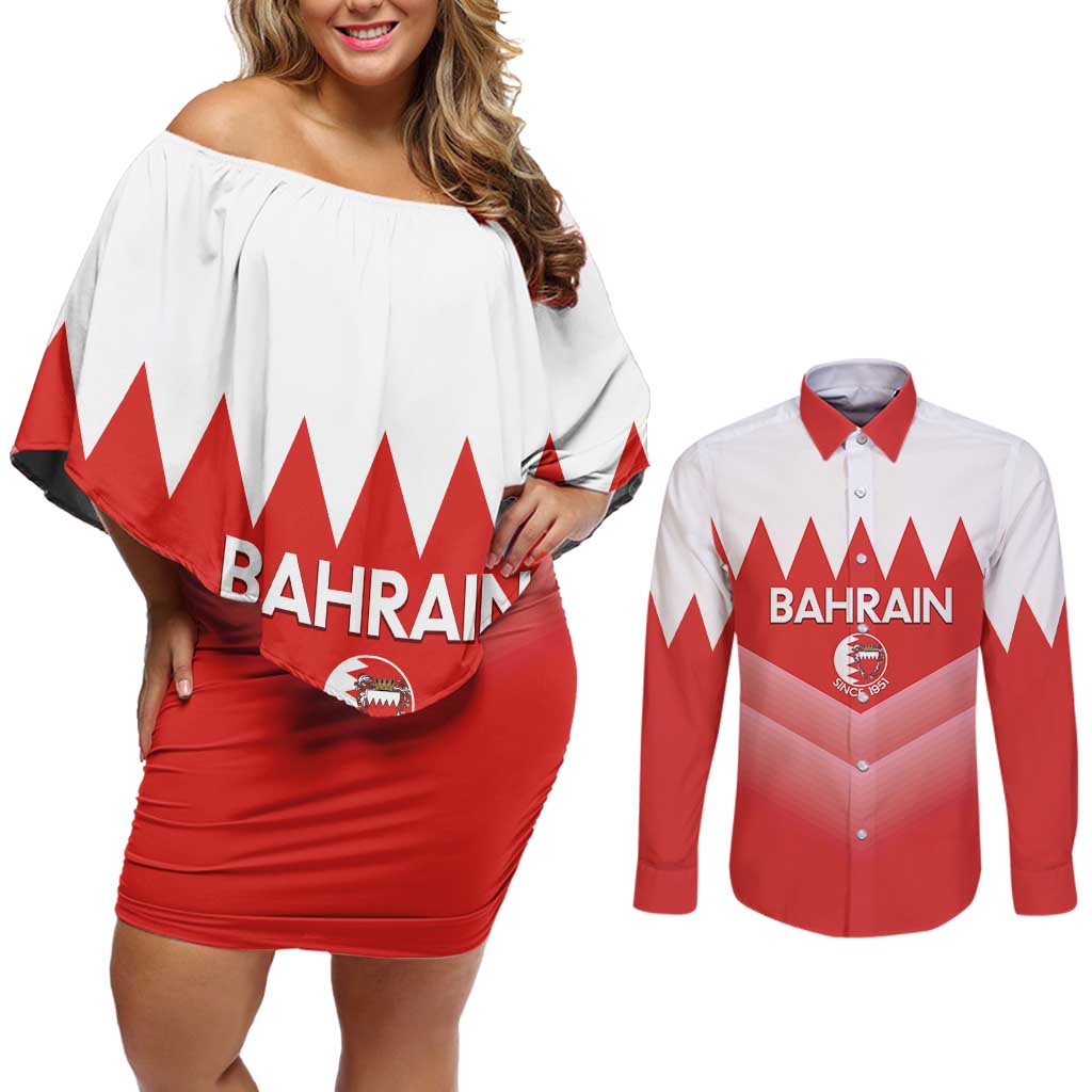 Custom Bahrain Football Couples Matching Off Shoulder Short Dress and Long Sleeve Button Shirt Muharabi Dilmun Sporty Style - Wonder Print Shop