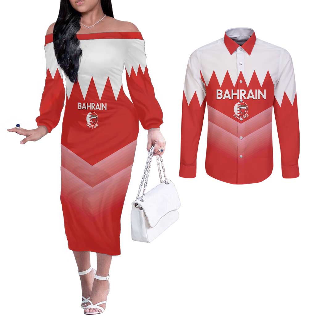 Custom Bahrain Football Couples Matching Off The Shoulder Long Sleeve Dress and Long Sleeve Button Shirt Muharabi Dilmun Sporty Style