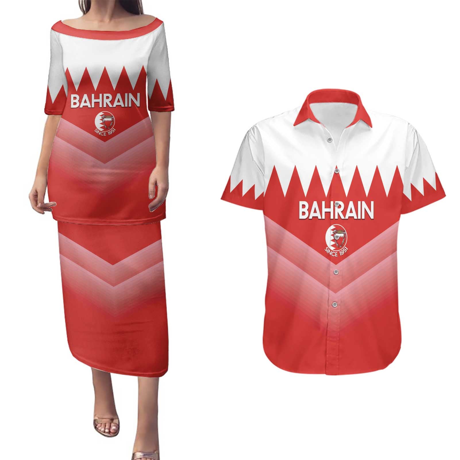 Custom Bahrain Football Couples Matching Puletasi and Hawaiian Shirt Muharabi Dilmun Sporty Style - Wonder Print Shop