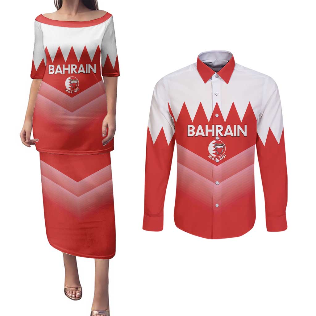 Custom Bahrain Football Couples Matching Puletasi and Long Sleeve Button Shirt Muharabi Dilmun Sporty Style - Wonder Print Shop