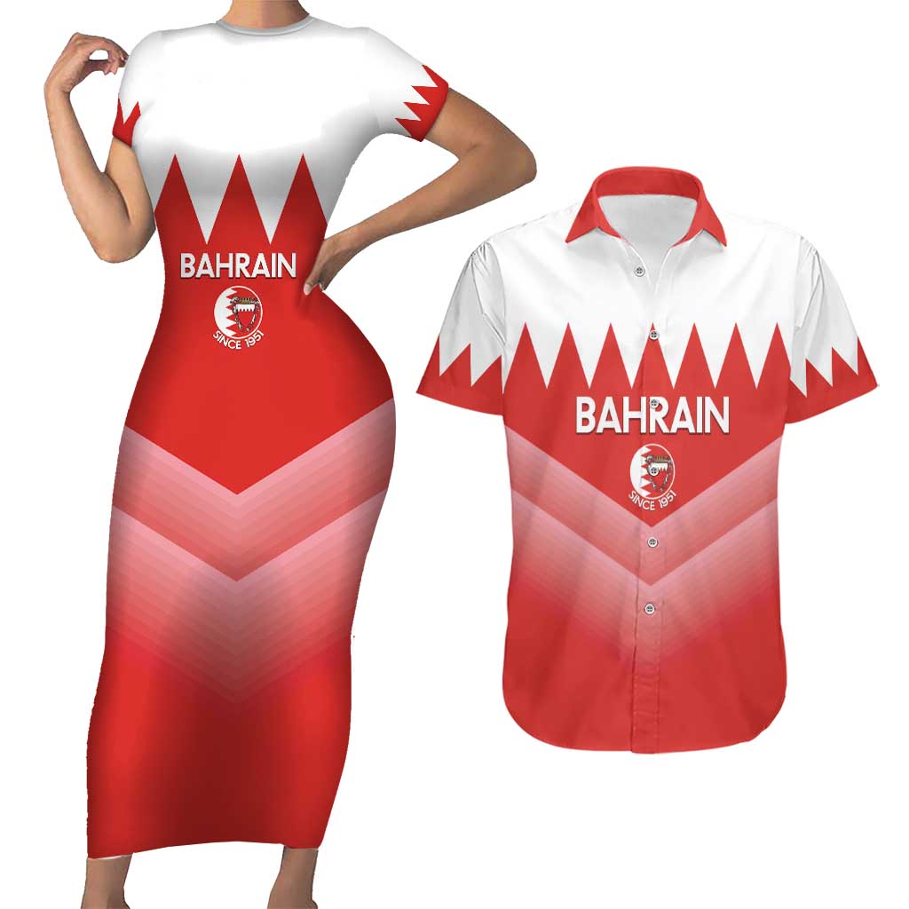 Custom Bahrain Football Couples Matching Short Sleeve Bodycon Dress and Hawaiian Shirt Muharabi Dilmun Sporty Style - Wonder Print Shop