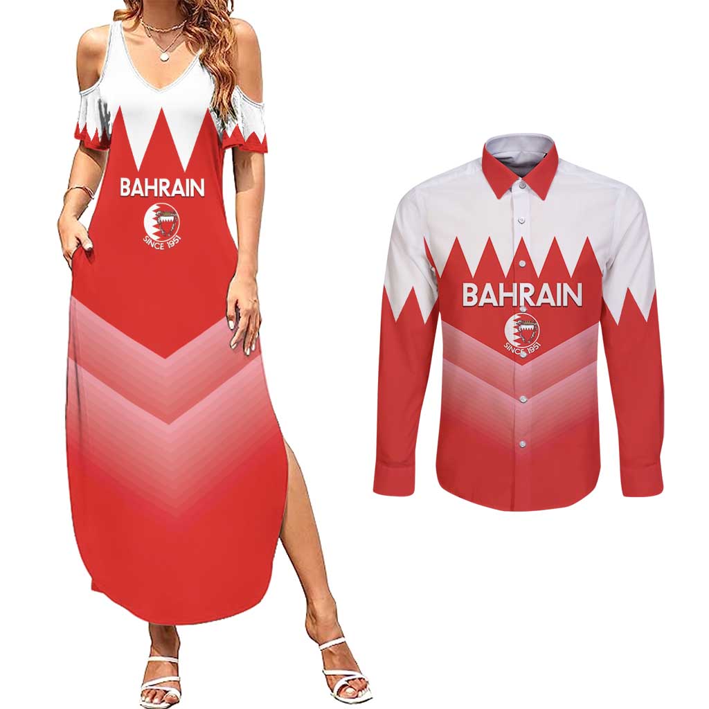 Custom Bahrain Football Couples Matching Summer Maxi Dress and Long Sleeve Button Shirt Muharabi Dilmun Sporty Style - Wonder Print Shop